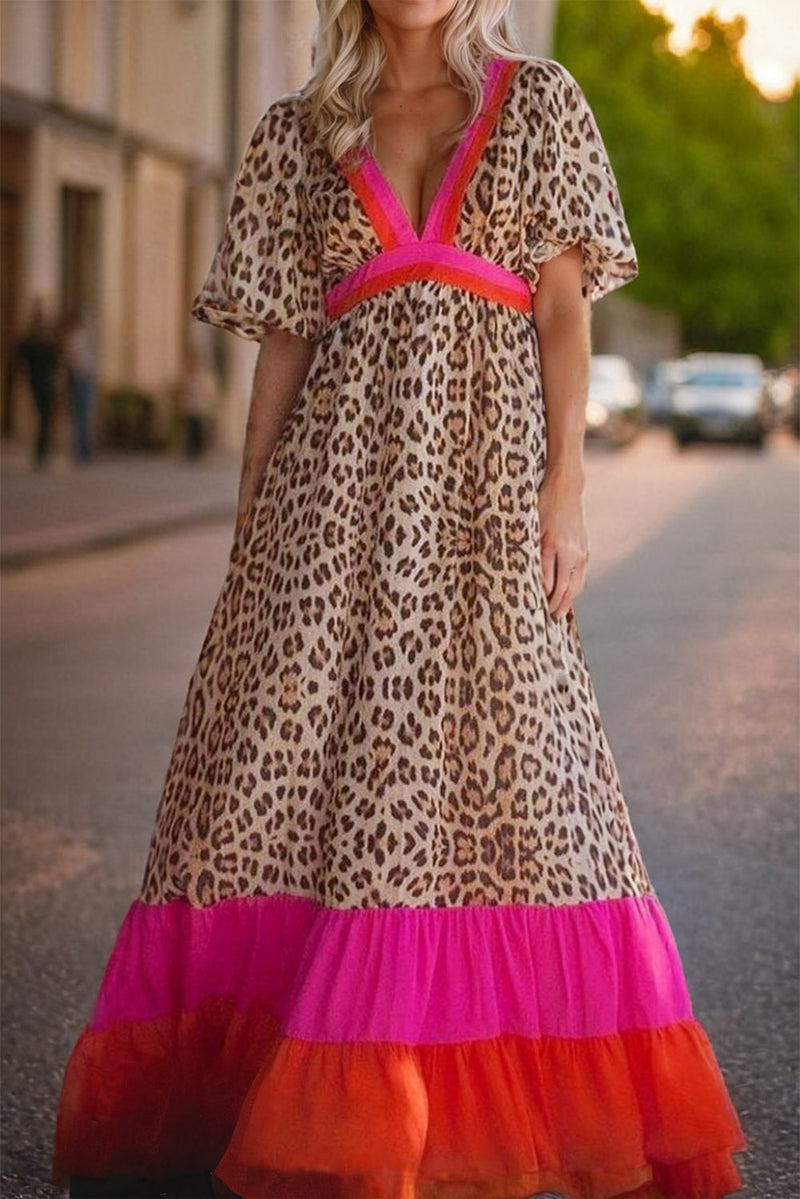 KaleaBoutique Leopard Colorblock Patchwork Bubble Sleeve Maxi Dress - KaleaBoutique.com