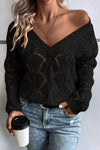 KaleaBoutique Hollow Out Knit V Neck Drop Shoulder Sweater - KaleaBoutique.com