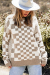 KaleaBoutique Checkered Print Drop Shoulder Round Neck Sweater - KaleaBoutique.com