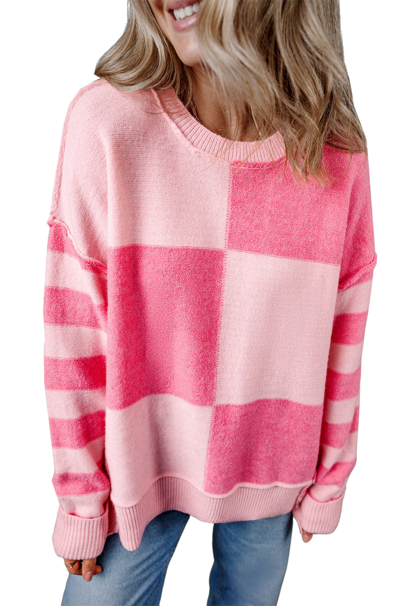 KaleaBoutique Checkered Colorblock Striped High Low Loose Sweater - KaleaBoutique.com