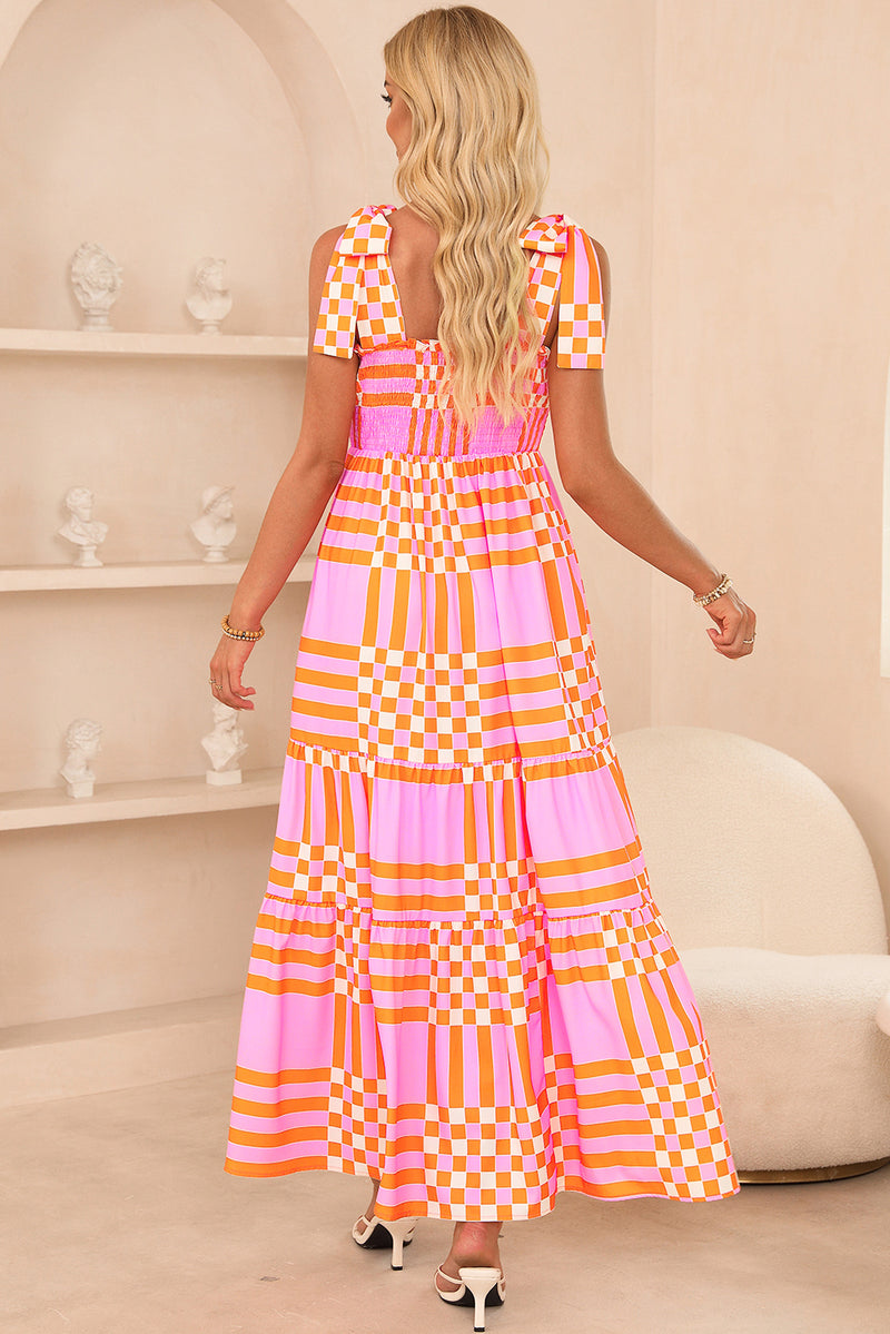 KaleaBoutique Boho Gingham Tied Straps Smocked Maxi Dress - KaleaBoutique.com