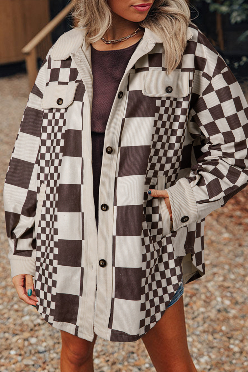 KaleaBoutique Checkered Print Patchwork Corduroy Shacket - KaleaBoutique.com