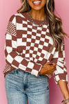 KaleaBoutique Checkered Print Drop Shoulder Round Neck Sweater - KaleaBoutique.com