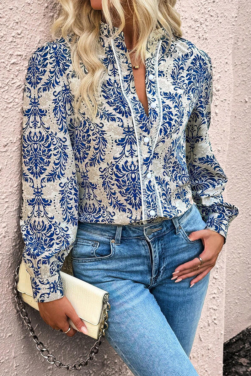 KaleaBoutique Bohemian Printed Bishop Sleeve Lace Shirt - KaleaBoutique.com