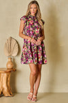 KaleaBoutique Floral Print Ruched Flutter Sleeve Frilled Neck Mini Dress - KaleaBoutique.com