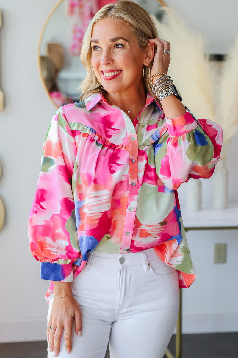 KaleaBoutique Abstract Printed Lantern Sleeve Frilled Button Front Collared Shirt - KaleaBoutique.com