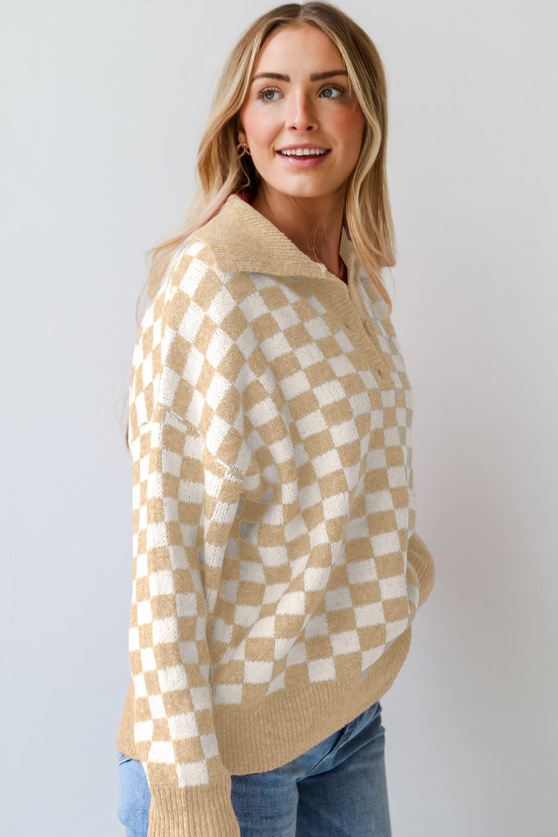 KaleaBoutique Checkered Buttons Collar V Neck Drop Shoulder Sweater - KaleaBoutique.com