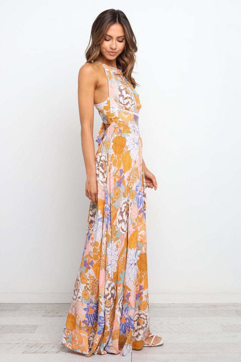 KaleaBoutique Graceful Boho Floral Backless Lace up Sleeveless Maxi Dress - KaleaBoutique.com