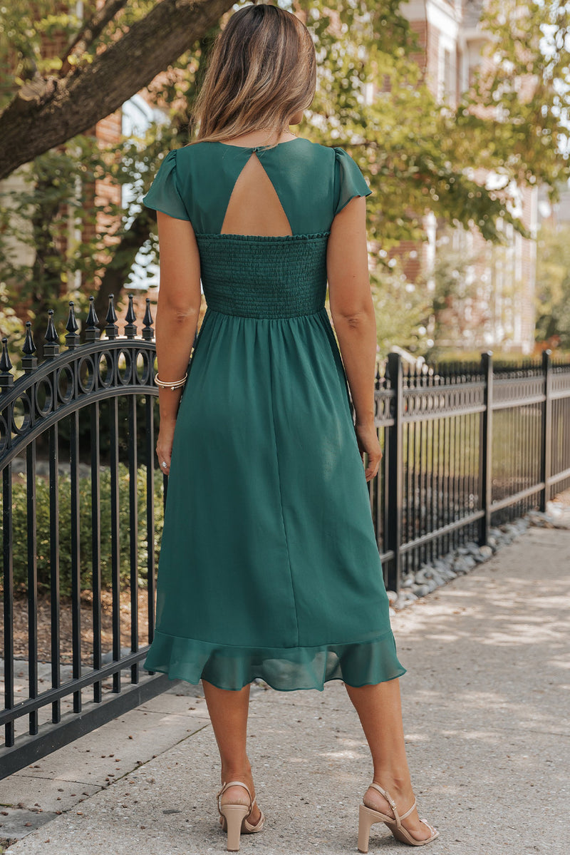 KaleaBoutique Shirred Open Back Sweetheart Neck Ruffled Midi Dress - KaleaBoutique.com