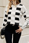 KaleaBoutique Checkered Ribbed Edge O Neck Drop Shoulder Sweater - KaleaBoutique.com