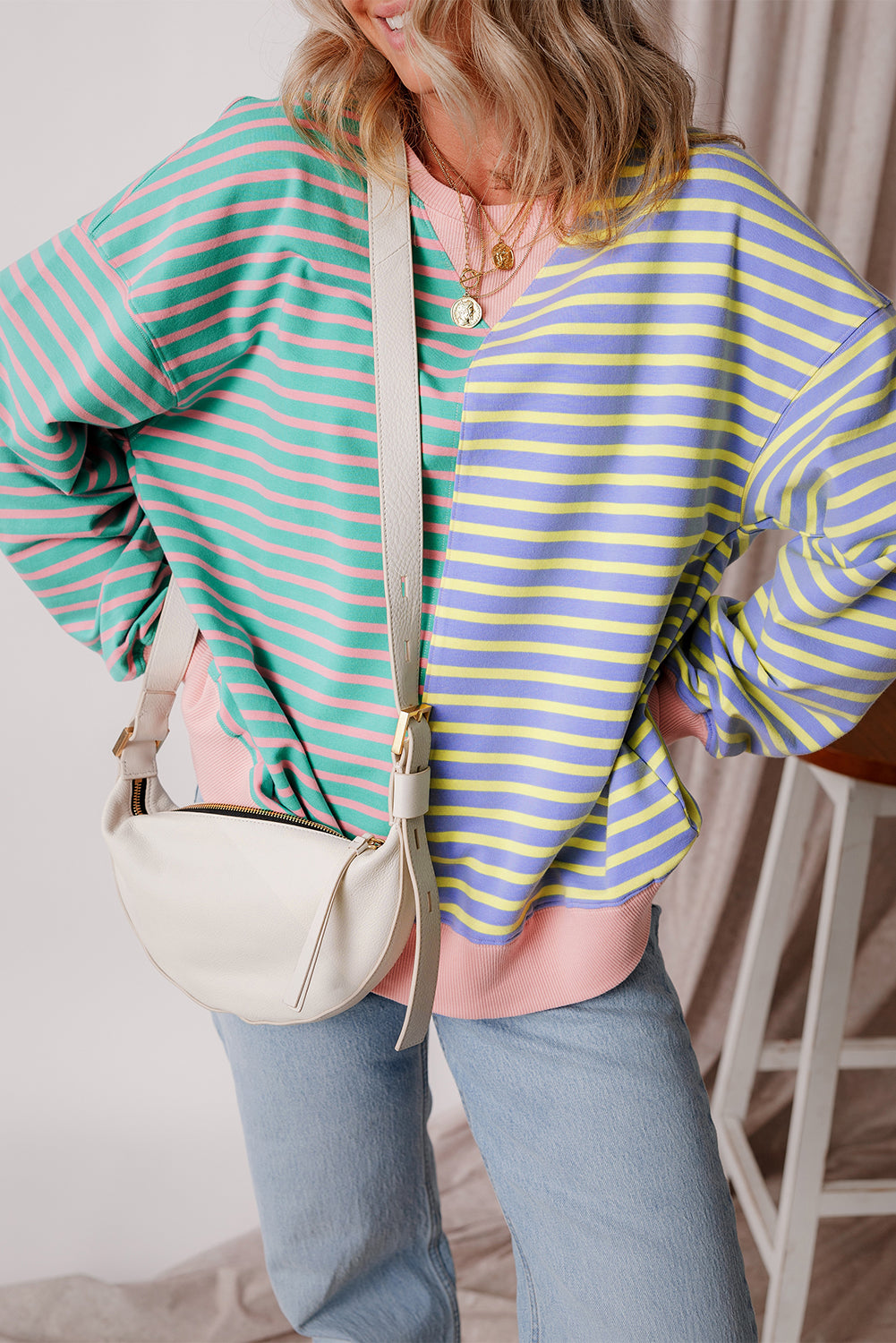 KaleaBoutique Casual Stripe Colorblock Drop Shoulder Oversize Sweatshirt - KaleaBoutique.com