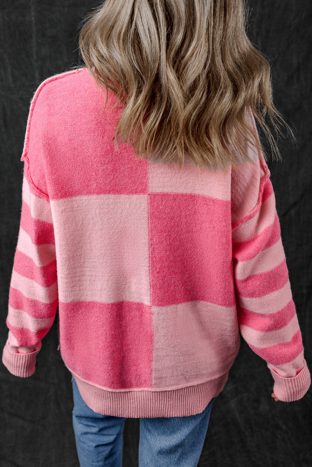 KaleaBoutique Checkered Colorblock Striped High Low Loose Sweater - KaleaBoutique.com