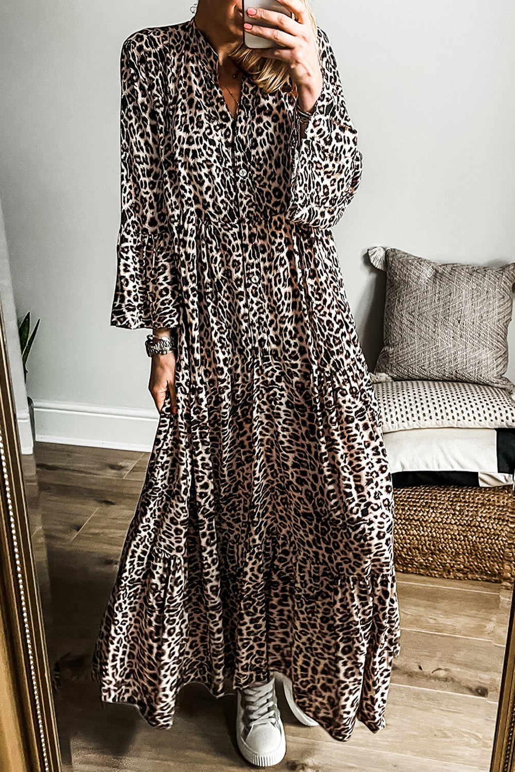 KaleaBoutique Leopard Print Tiered Wide Sleeve Maxi Dress - KaleaBoutique.com