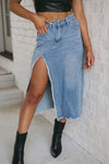 KaleaBoutique Frayed Slit Asymmetric Denim Midi Skirt - KaleaBoutique.com