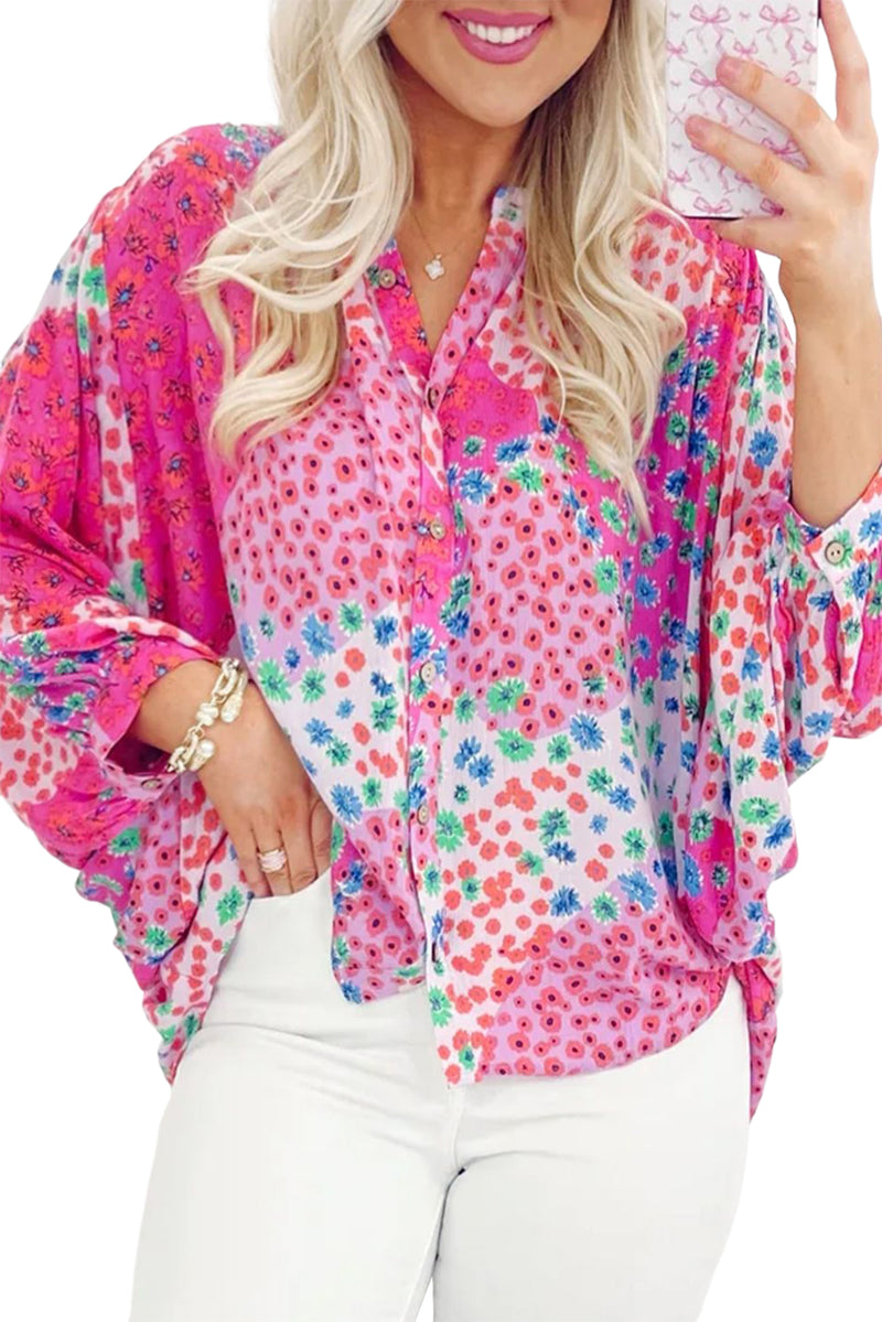 KaleaBoutique Floral Allover Print Buttoned V Neck Oversized Shirt - KaleaBoutique.com