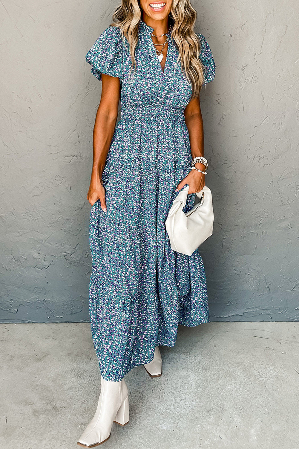 KaleaBoutique Printed V Neck Shirred Short Puff Sleeve Maxi Dress - KaleaBoutique.com