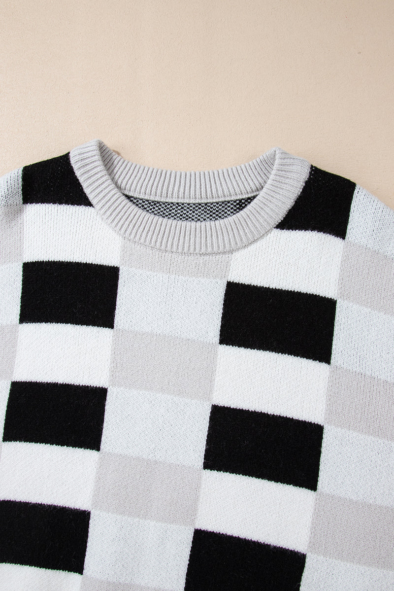 KaleaBoutique Checkered Ribbed Edge O Neck Drop Shoulder Sweater - KaleaBoutique.com