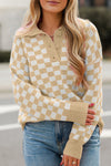 KaleaBoutique Checkered Buttons Collar V Neck Drop Shoulder Sweater - KaleaBoutique.com