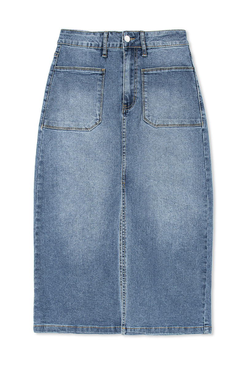 KaleaBoutique 4 Patch Pockets Front Slit Midi Denim Skirt - KaleaBoutique.com