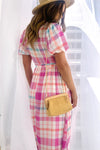 KaleaBoutique Checkered Puff Sleeve Belted Midi Dress - KaleaBoutique.com