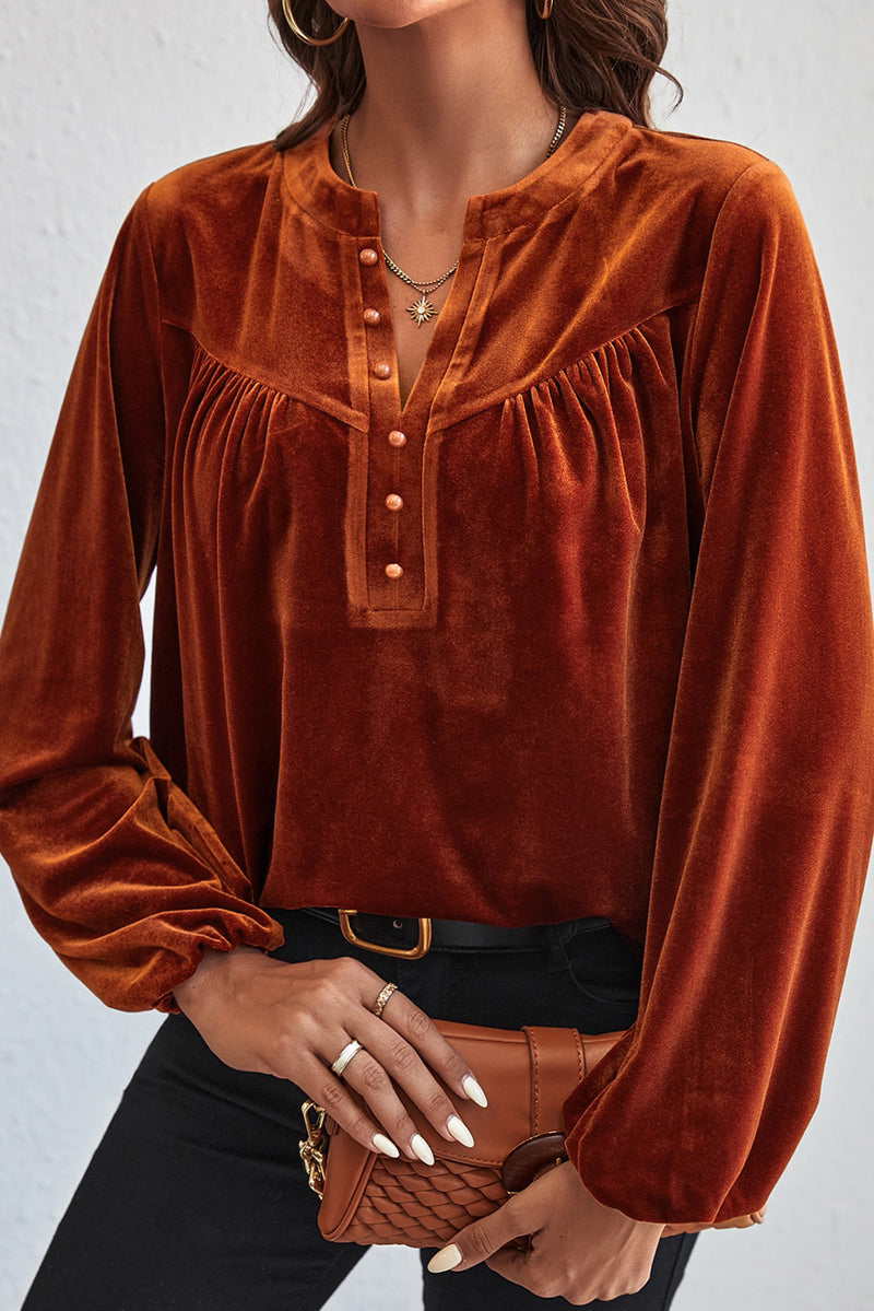 KaleaBoutique Lantern Sleeve Beaded Split V Neck Velvet Top - KaleaBoutique.com