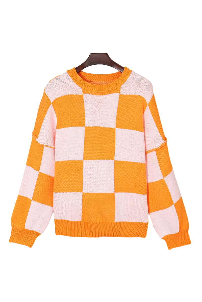 KaleaBoutique Orange Checkered Bishop Sleeve Sweater - KaleaBoutique.com