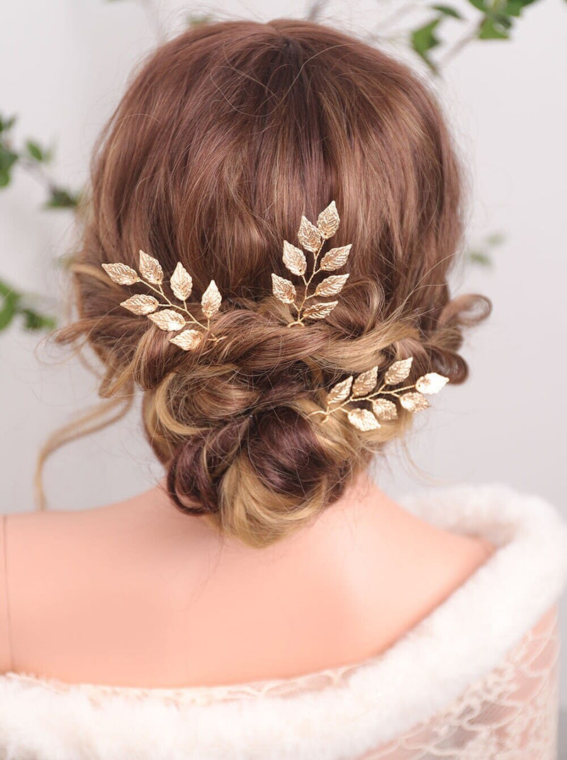 Bridal Gold Leaf 3 PC Hairpin Set, Greek Goddess Hair Pins, Delicate Wedding Head Piece Gold Leaf Hairpin Hair Accessory, Set of 3 - KaleaBoutique.com