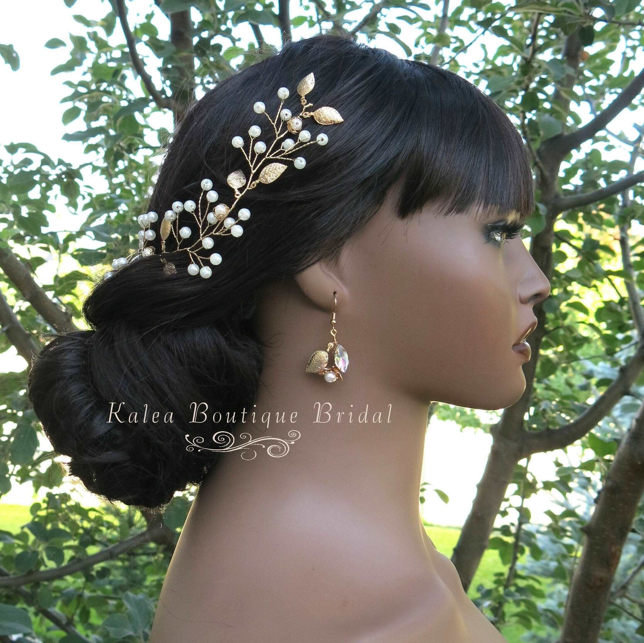 Gold Floral Cafuné headpiece - pearls, headband, hair accessory, hair Jewels, hair jewerlry, bridal, ceramic authentic flowers, gold leaves