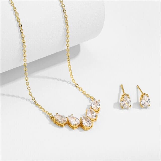 Bridal Minimalist Crystal 3 PC Jewelry Set, Necklace and Earrings Set, Bridesmaid Chain Necklace, Wedding 14K Gold Plated Jewelry - KaleaBoutique.com