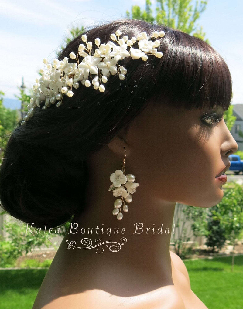 Bridal Porcelain Ceramic Floral Hairpiece, White Flower Bridal Pearl Hair Comb, Boho Wedding Floral Headpiece or Floral Pearl Earrings - KaleaBoutique.com