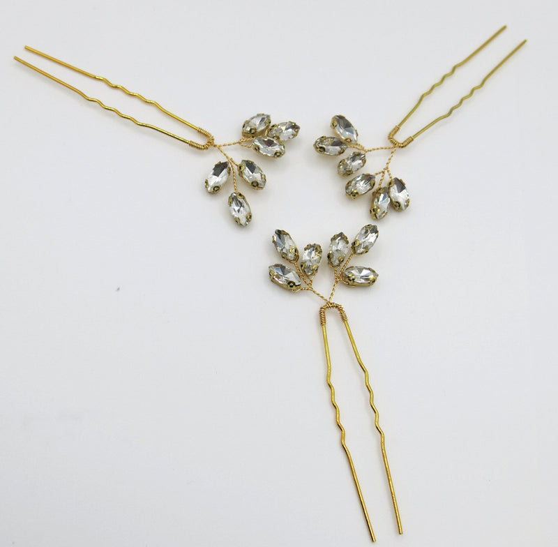 Bridal Rhinestone Crystal 3 PC Hairpin Set, Wedding Gem Floral Gold Hair Pin Headpiece, Bridesmaid Crystal Gold Wire Hairpiece 3 PC Set - KaleaBoutique.com