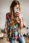 KaleaBoutique Floral Print Bubble Sleeve V Neck Ruffled Blouse - KaleaBoutique.com