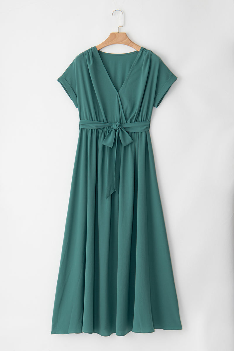 KaleaBoutique Solid Color V Neck Wrap Pleated Short Sleeve Maxi Dress - KaleaBoutique.com