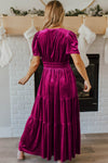 KaleaBoutique Velvet Short Sleeve Shirred Waist Tiered Maxi Dress - KaleaBoutique.com