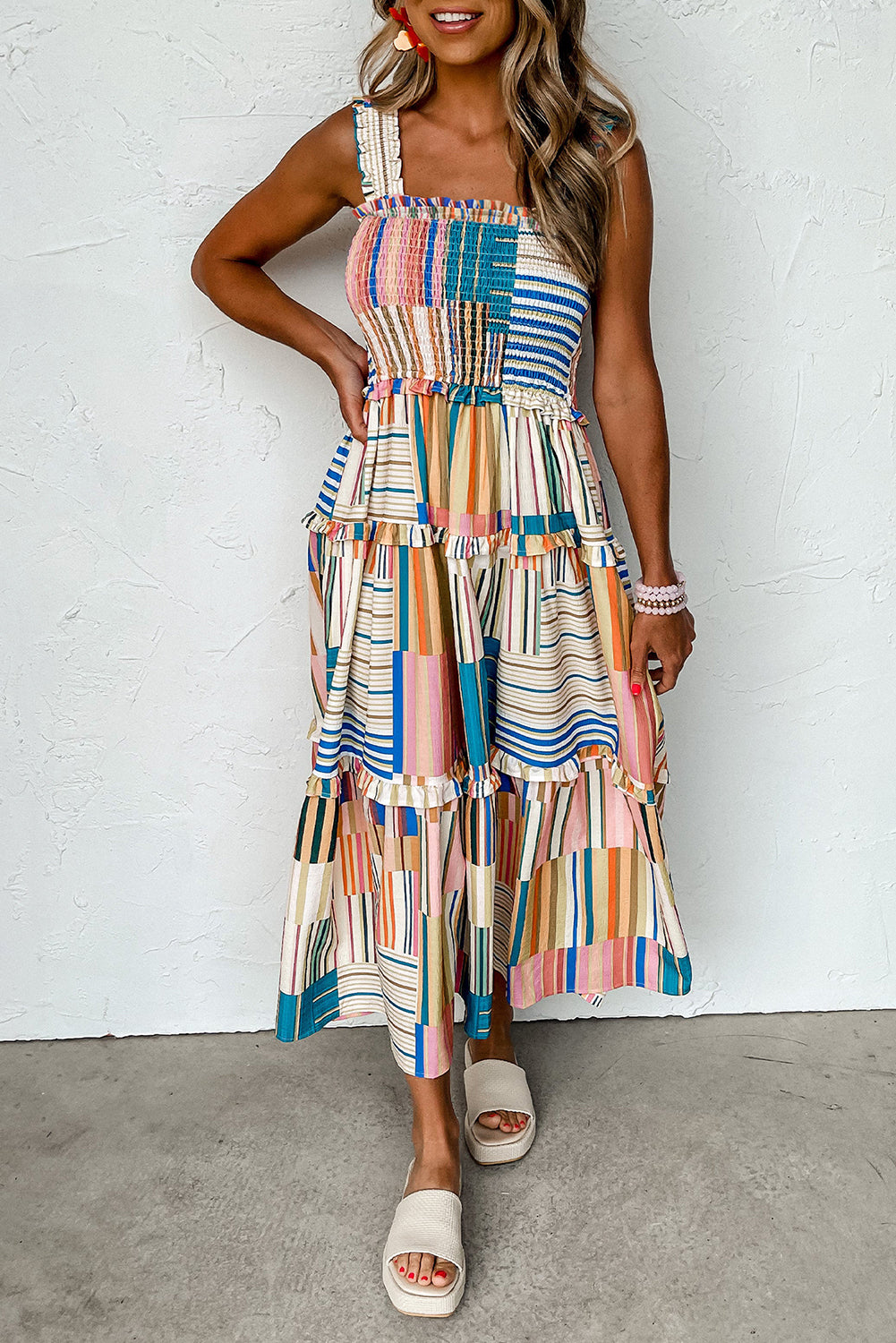 KaleaBoutique Mix Striped Wide Straps Smocked Tiered Maxi Dress - KaleaBoutique.com