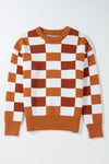 KaleaBoutique Checkered Ribbed Edge O Neck Drop Shoulder Sweater - KaleaBoutique.com