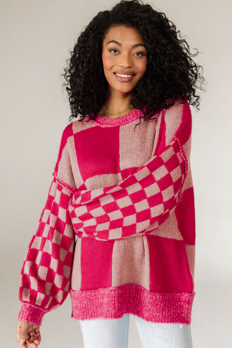 KaleaBoutique Mixed Checkered Pattern Drop Shoulder Loose Sweater - KaleaBoutique.com