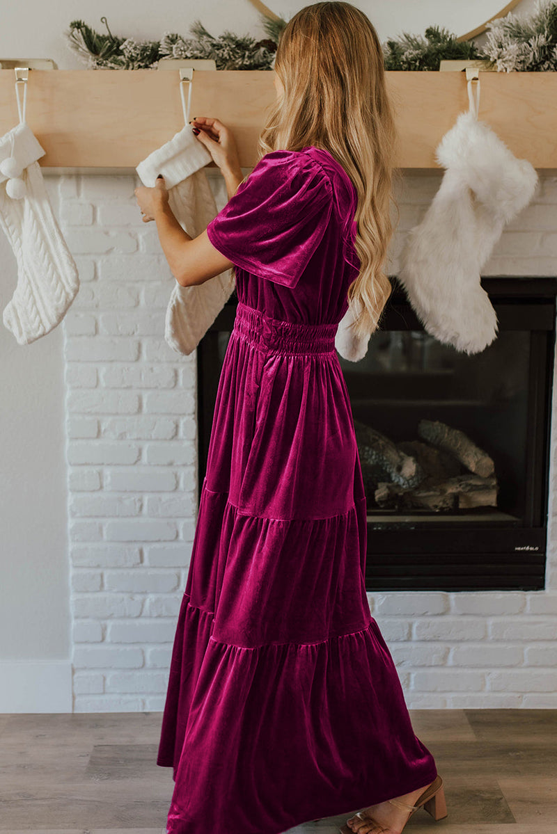 KaleaBoutique Velvet Short Sleeve Shirred Waist Tiered Maxi Dress - KaleaBoutique.com