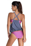 KaleaBoutique Stylish Comfortable Grey Layered-Style Striped Tankini with Triangular Briefs - KaleaBoutique.com