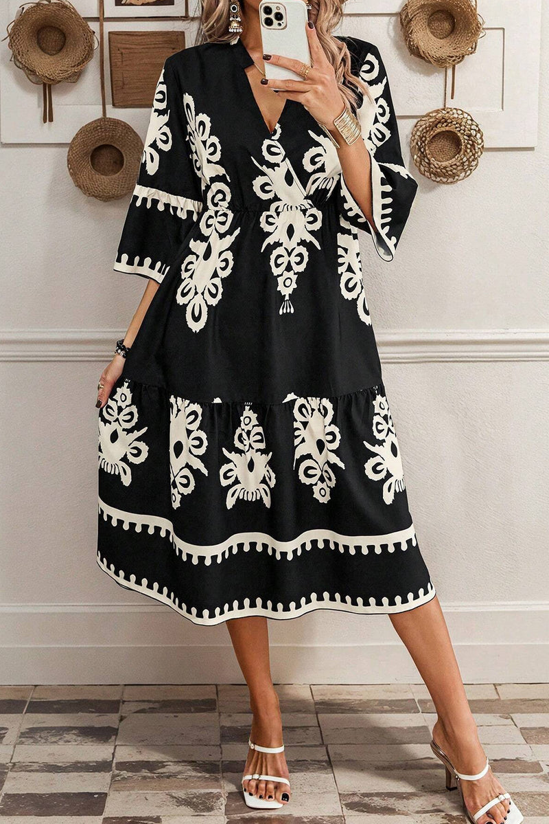 KaleaBoutique Western Geometric Print 3/4 Sleeve Loose Midi Dress - KaleaBoutique.com