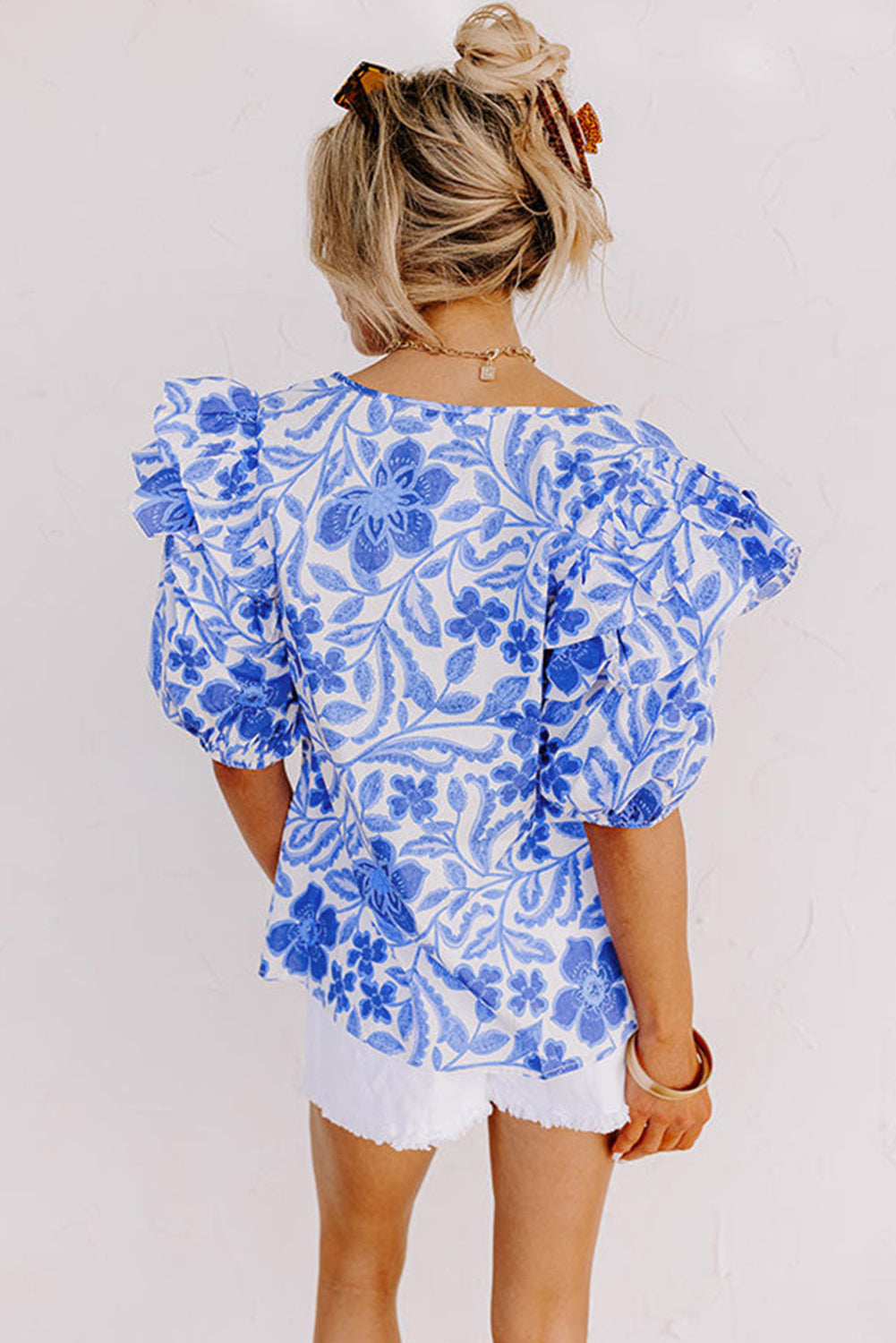 KaleaBoutique Floral Print Ruffled Bubble Sleeve Blouse - KaleaBoutique.com