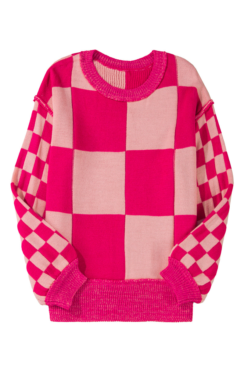 KaleaBoutique Mixed Checkered Pattern Drop Shoulder Loose Sweater - KaleaBoutique.com