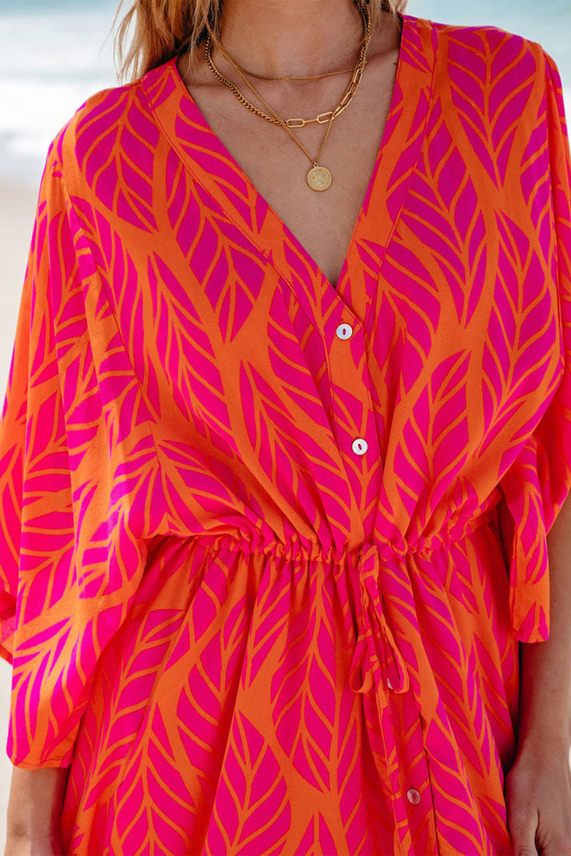 KaleaBoutique Leafy Print 3/4 Sleeve V Neck Buttoned Split Maxi Dress - KaleaBoutique.com