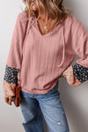 KaleaBoutique Floral Patchwork Textured Knit Drawstring V Neck Blouse - KaleaBoutique.com