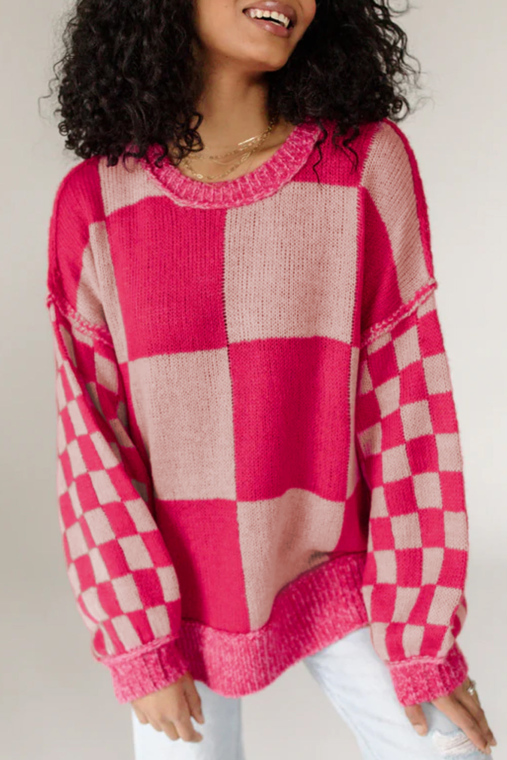 KaleaBoutique Mixed Checkered Pattern Drop Shoulder Loose Sweater - KaleaBoutique.com