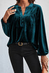 KaleaBoutique Lantern Sleeve Beaded Split V Neck Velvet Top - KaleaBoutique.com