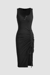 KaleaBoutique Drawstring Ruched Side Split Ribbed Midi Dress - KaleaBoutique.com