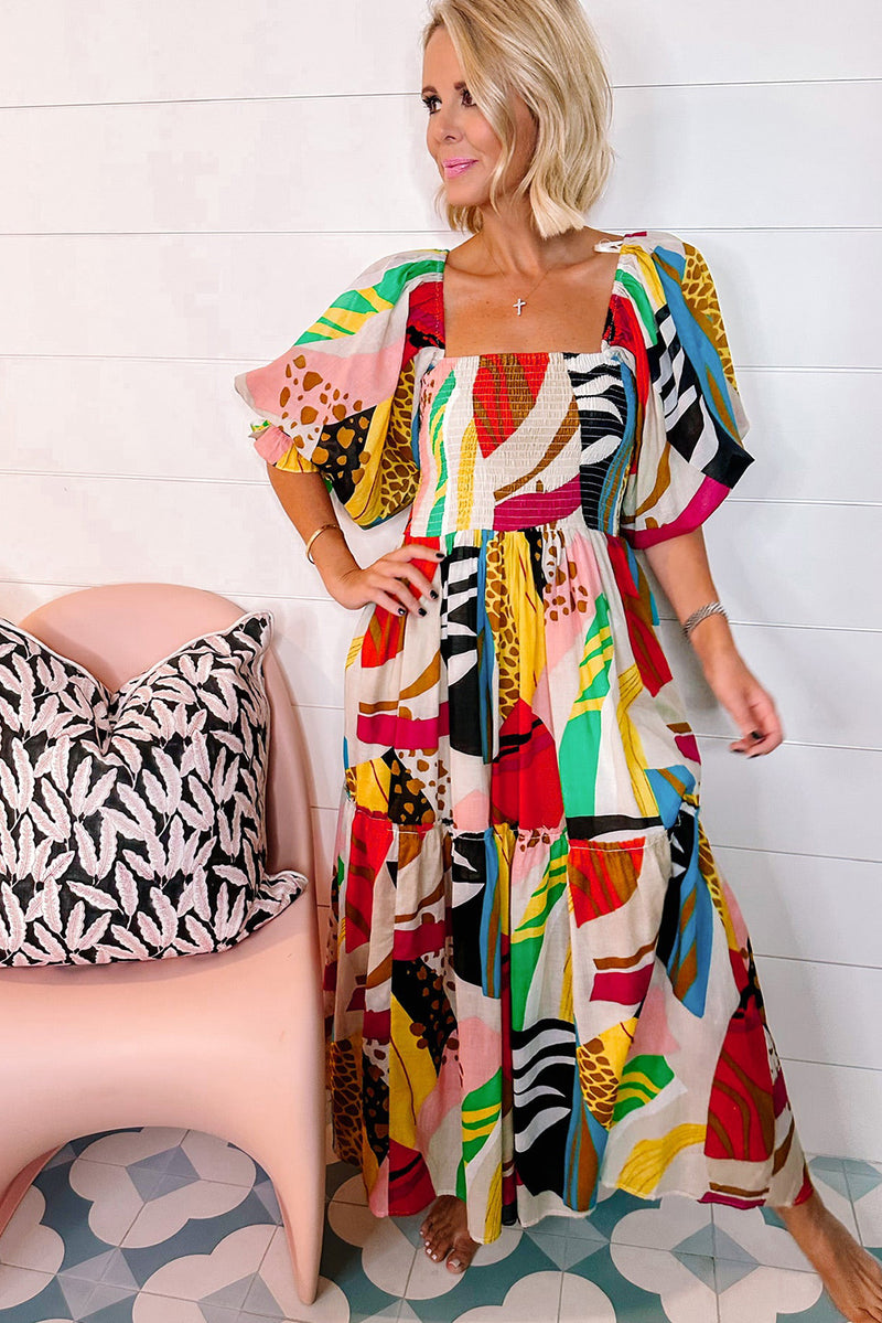 KaleaBoutique Square Neck Smocked Abstract Print Boho Maxi Dress - KaleaBoutique.com