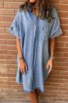 KaleaBoutique Loose Medium Wash Short Sleeve Shirt Chambray Dress - KaleaBoutique.com