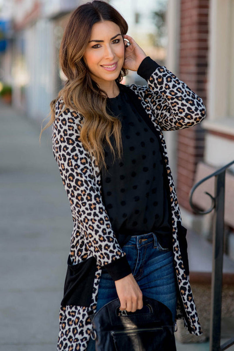 Leopard Patched Pocket Open Front Cardigan - KaleaBoutique.com